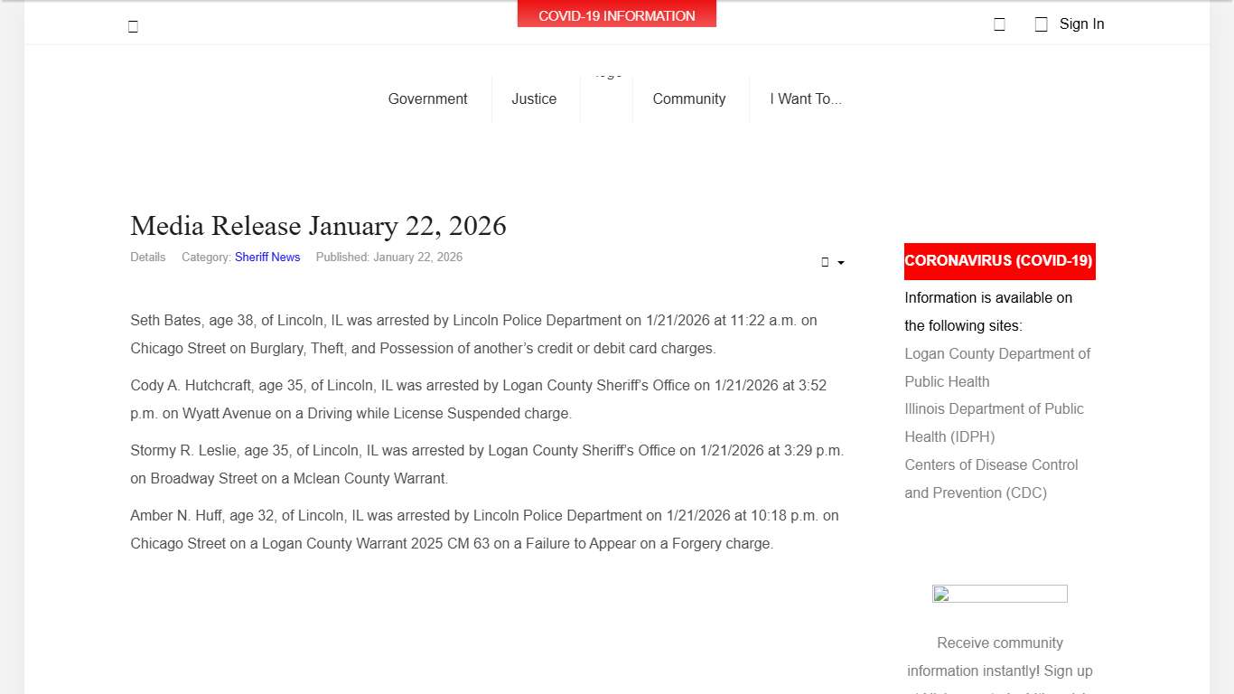 Logan County, Illinois - Media Release January 22, 2026